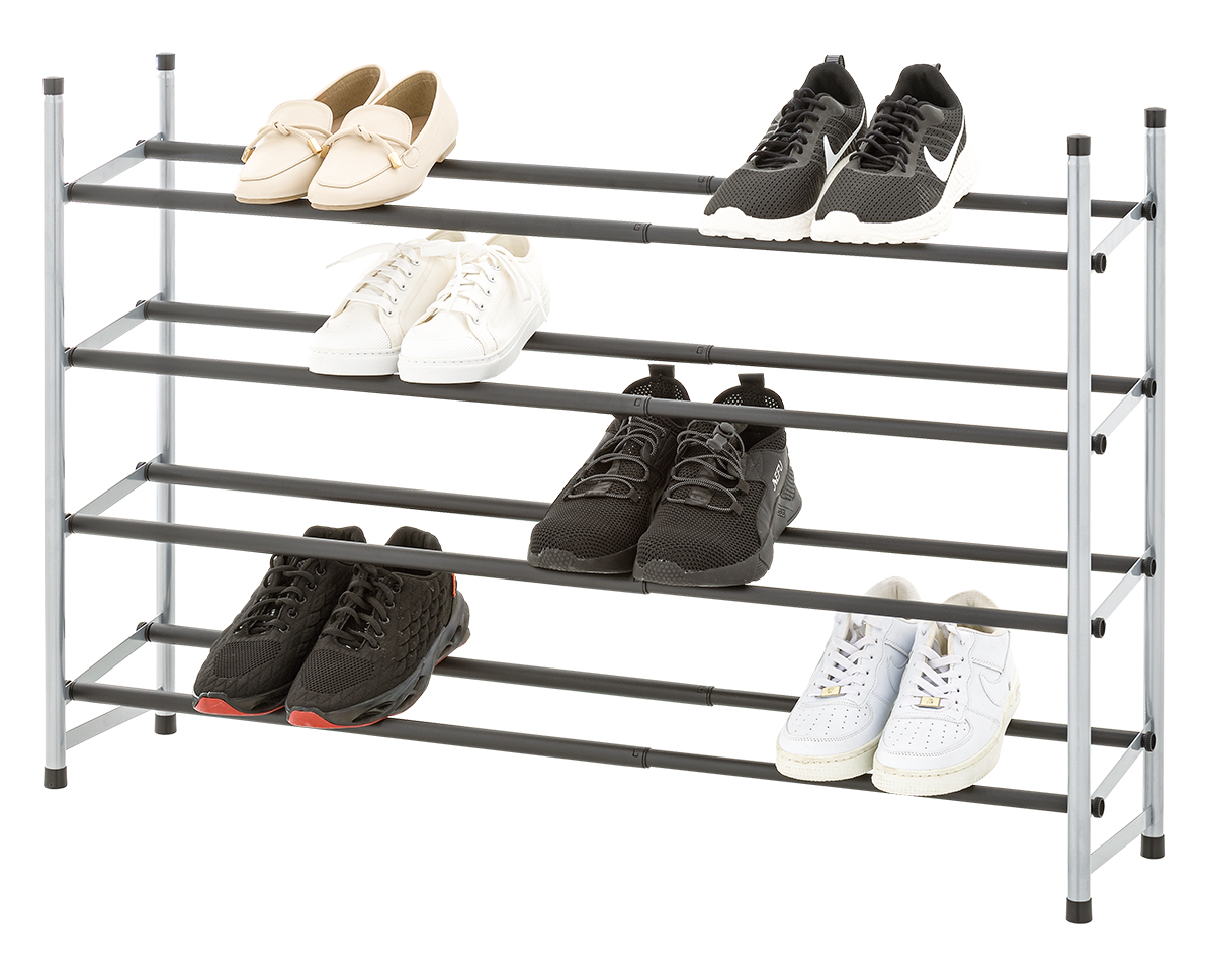 MAINSTAYS 4-TIER EXPANDABLE STACKABLE CLOSET STORAGE SHOE RACK ORGANIZER SHELF, UP TO 20 PAIRS, METAL, BLACK, SILVER