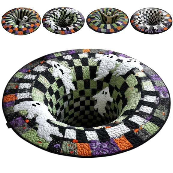 New 24-47in 3D Halloween Rugs, 3D Rugs Optical Illusion Halloween, Halloween Rugs Indoor, 3D Skeleton Vortex Quilted Round Halloween Rug, Soft & Durable Fabric Non-Slip Modern Home Décor