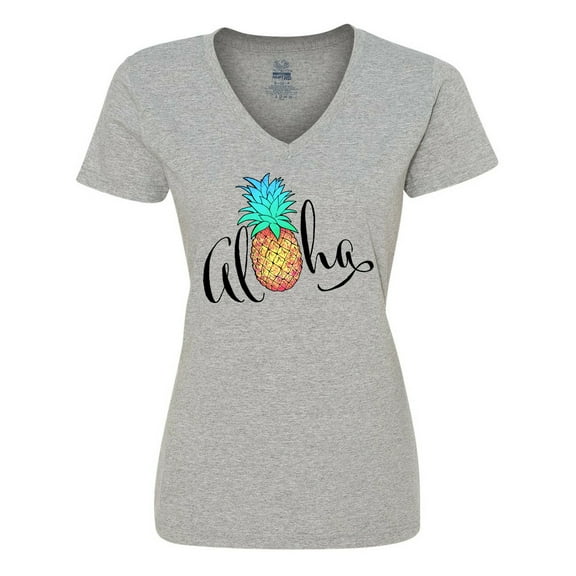 Inktastic Aloha- in Cursive with Pineapple Rainbow Colors Women's V-Neck T-Shirt