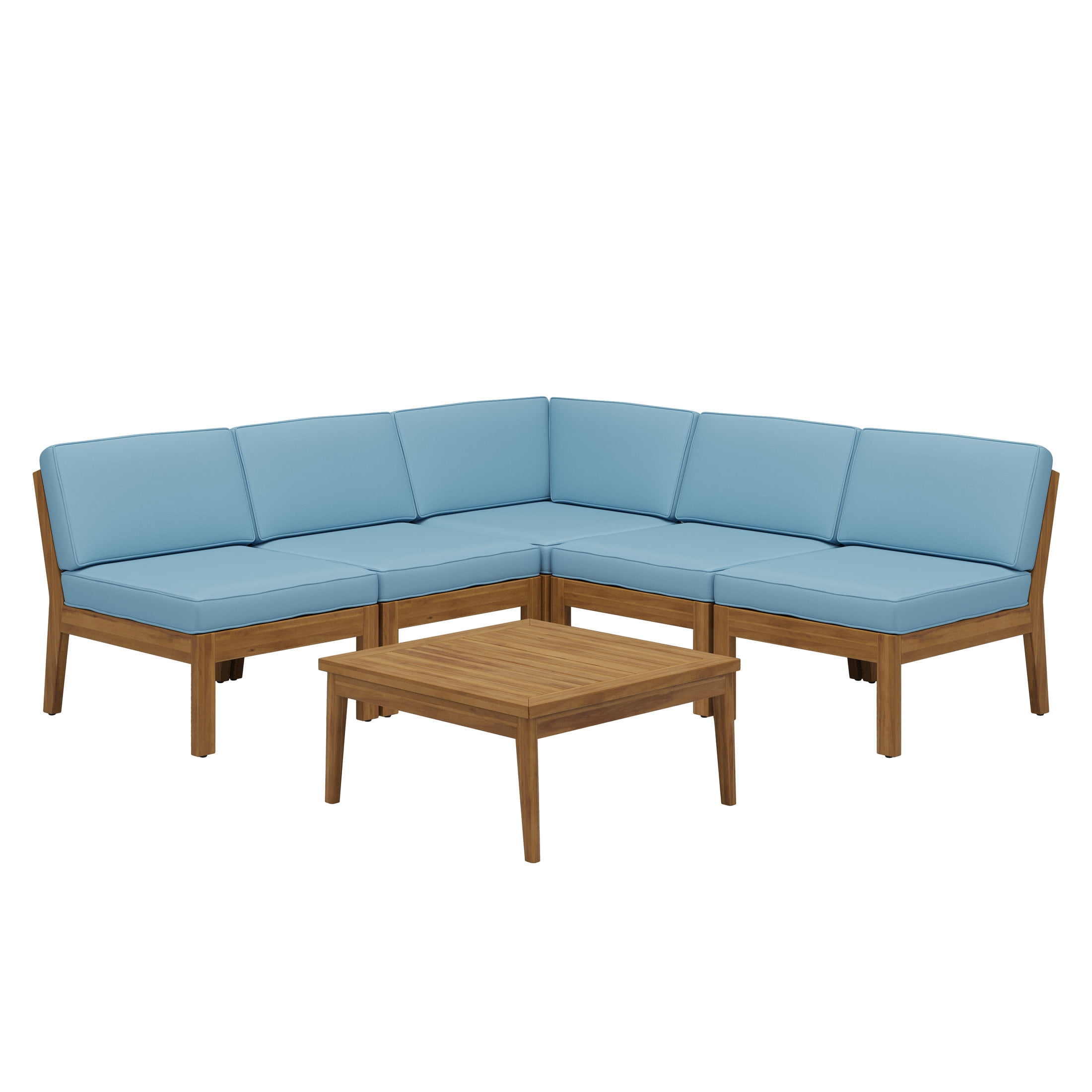 Christopher Knight Home 6-Piece Acacia Wood Outdoor Sectional Sofa Set with Patio Coffee Table, Blue Cushion