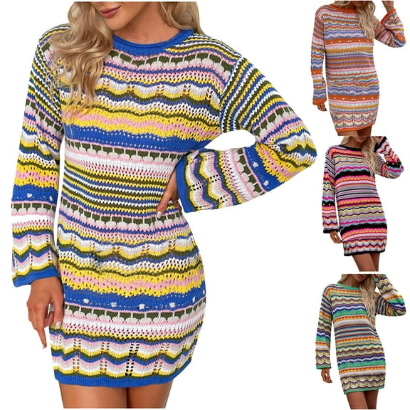 Meichang Colorful Striped Knit Sweater Dresses for Women Fall Winter Long Sleeve Crewneck Short Sweater Dresses
