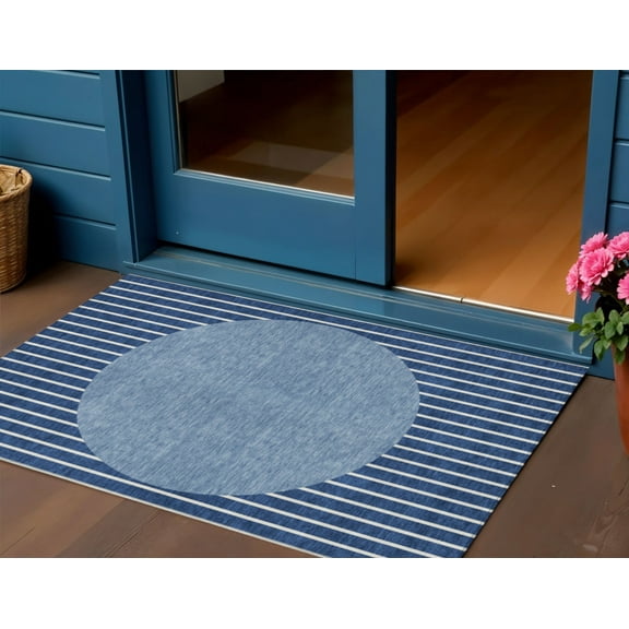3' X 5' Navy Blue And Gray Striped Washable Indoor Outdoor Area Rug