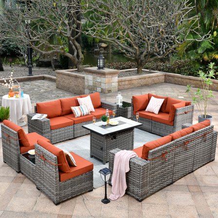 Ovios 13 Pieces Outdoor Patio Furniture with Fire Pit Table All Weather Wicker Sectional Set for Porch