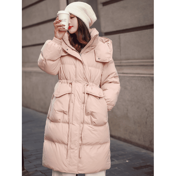 Chaqueta de invierno de plumon para mujer abrigo largo con capucha de pato blanco de 90 pulgadas con cordon fino grueso calido holgado