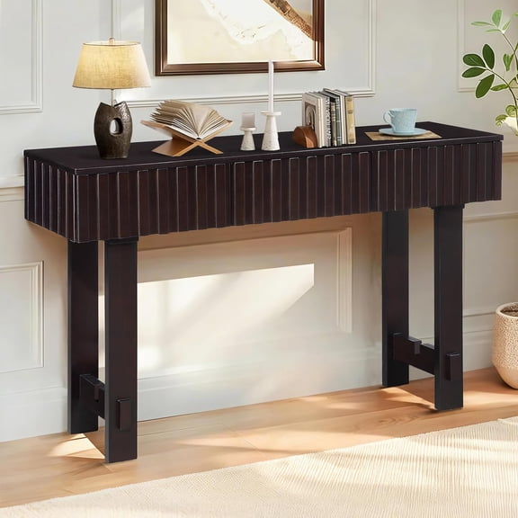 Solid Wood Console Table with 3 Drawers, 52 inch Entryway Table with Fluted Drawers Wooden Hallway Tables for Living Room Hall Entrance, Cherry