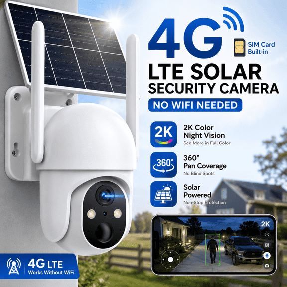 Conico 4G LTE Cellular Solar Security Camera Outdoor, 2K PTZ Wireless Security Camera with SIM Card, No WiFi Needed, AI Human Detection, Color Night Vision, 360° View