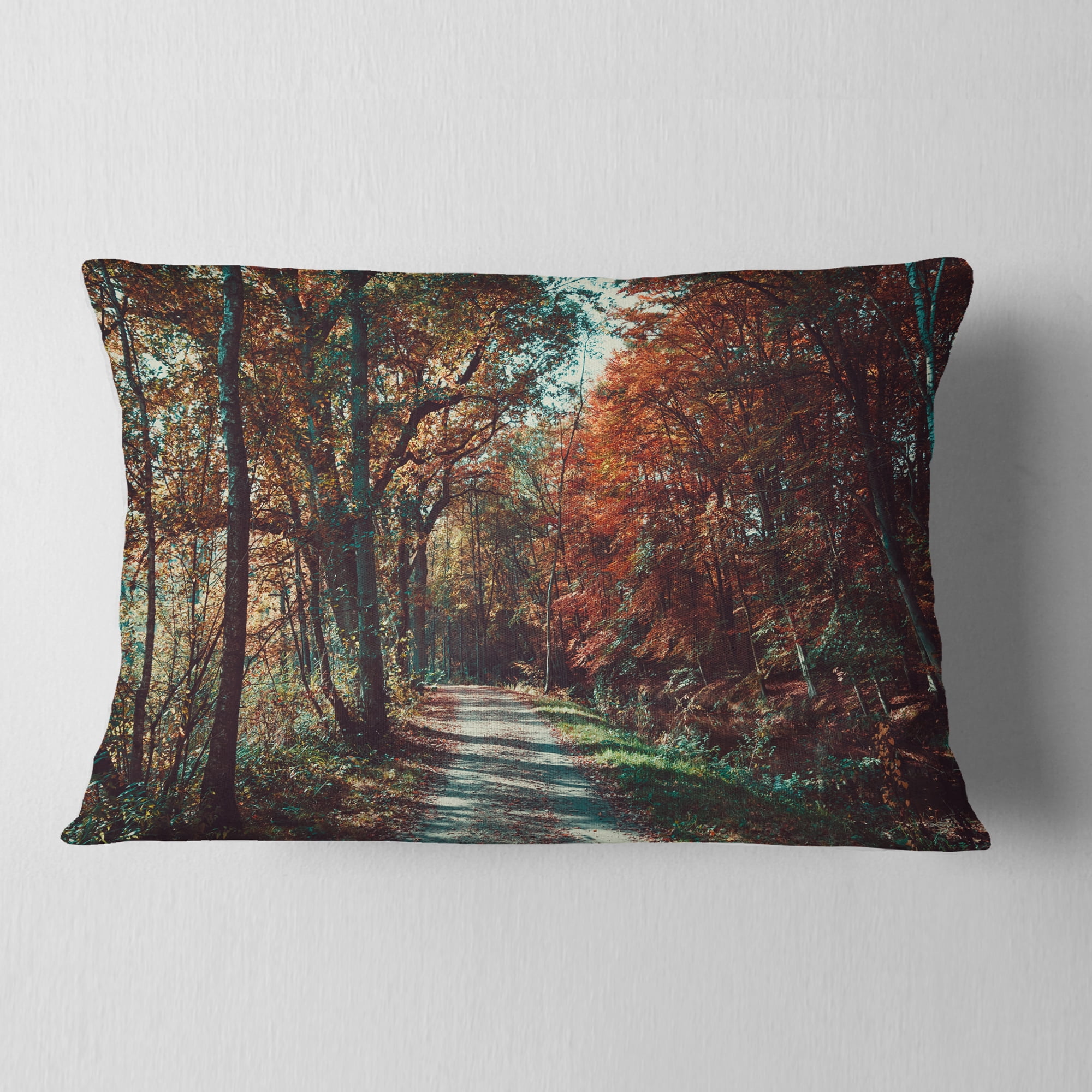 Designart Road Through Red Fall Forest - Landscape Photo Throw Pillow - 12x20