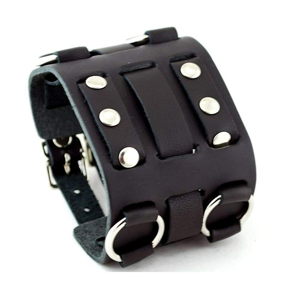 United Watchbands - Wide Black Leather Tri Clasp Cuff Wrist Watch Band ...