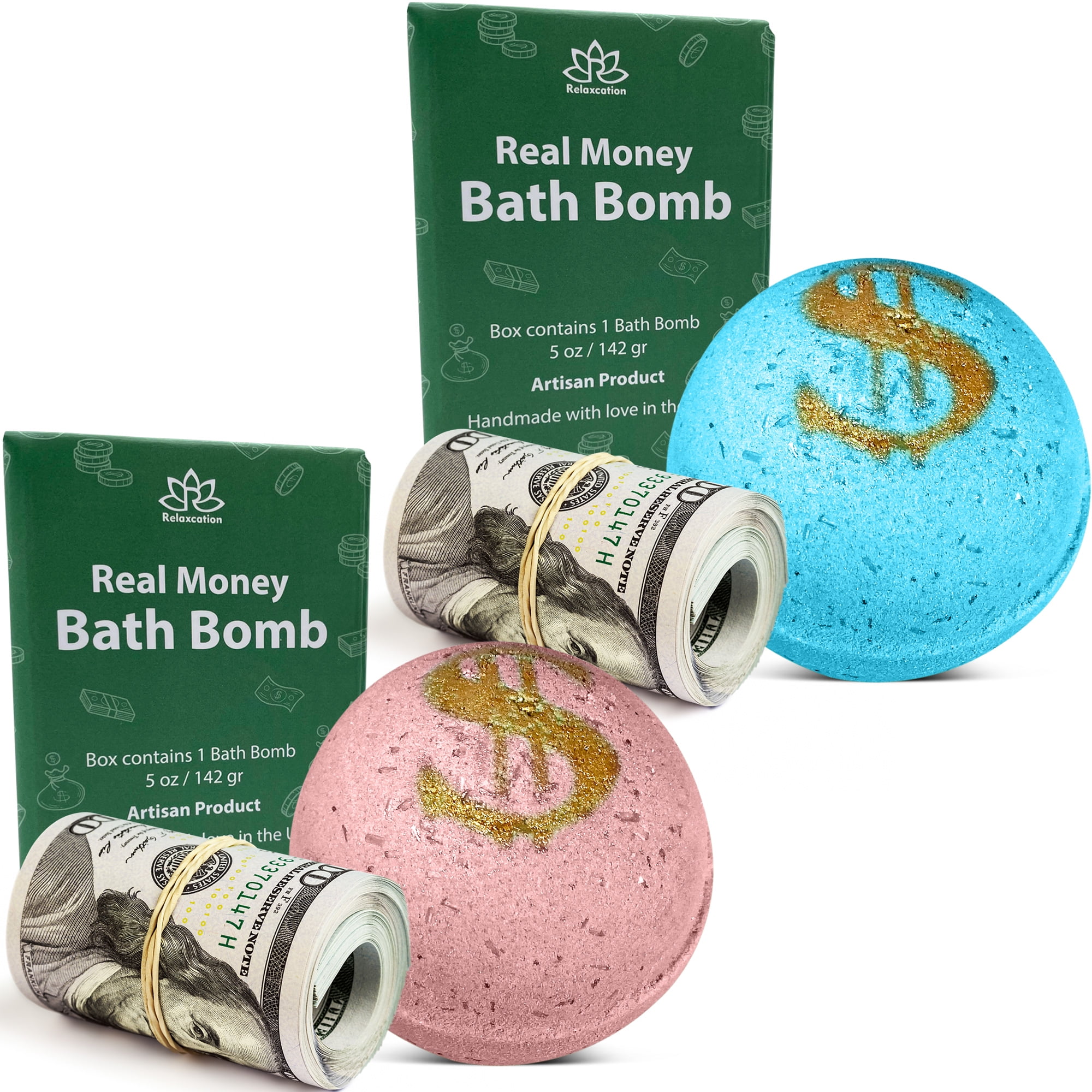 2 Bath Bombs Set with Money Surprise Inside Bill Up to 100 Bill in