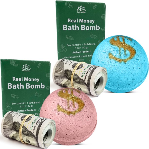 2 Bath Bombs Set with Money Surprise Inside Bill Up to 100 Bill in