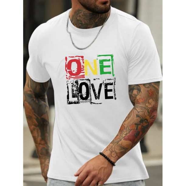 Camiseta con estampado gráfico "One Love" para hombre: camiseta de verano de poliéster de manga corta y cuello redondo con estampado geométrico y estilo informal. Ligeramente elástica, corte regular d