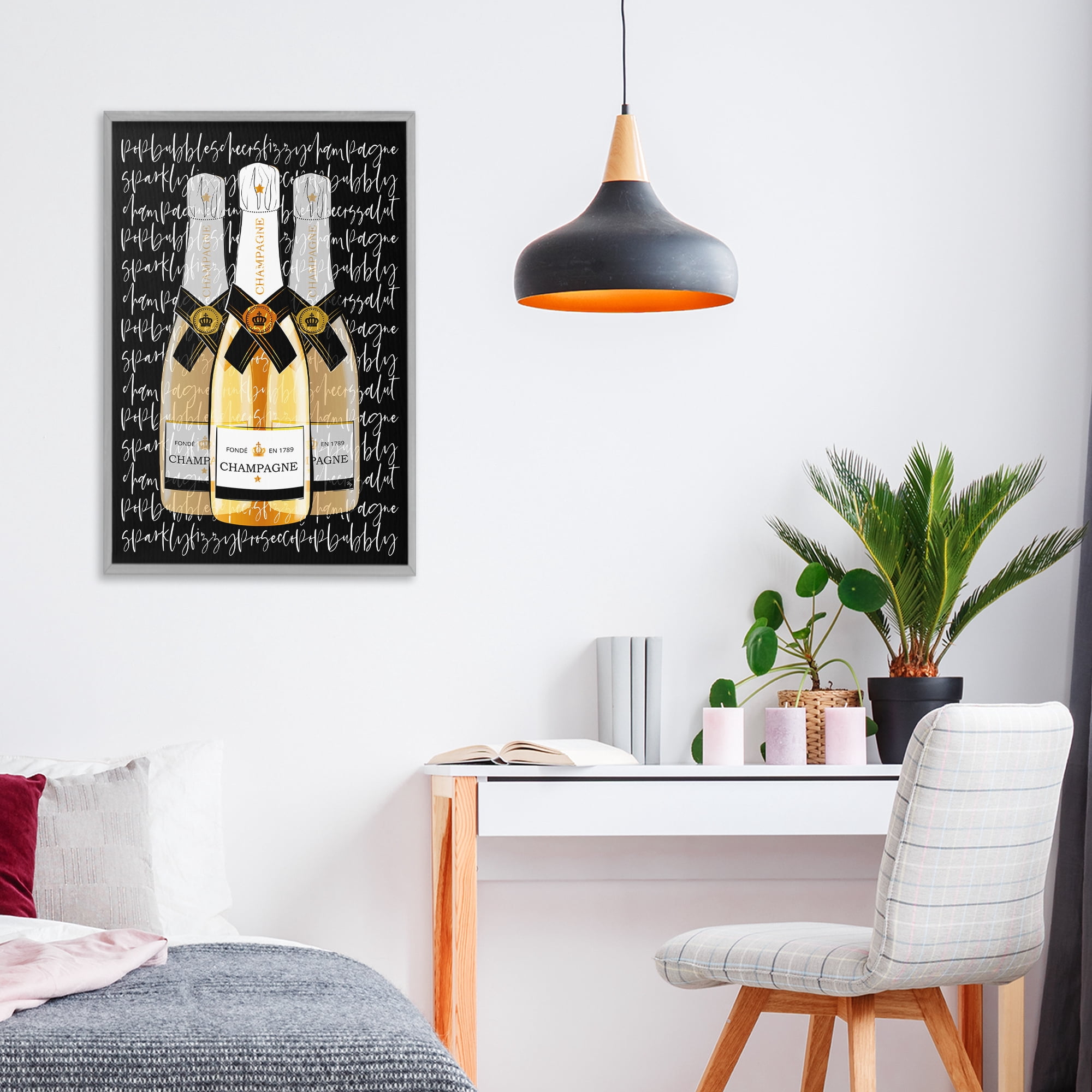 Stupell Industries Triple Champagne Bottle Love Gray Framed Giclee Art, design by Martina Pavlova
