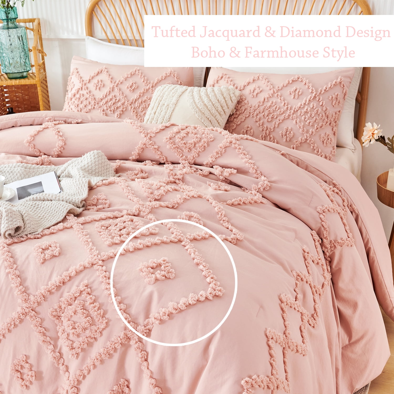 RYNGHIPY Jacquard Tufts Bedding Set Pink King 3 Pcs Farmhouse Style Geometric Solid Blush Comforter Set with Pillowcases Lightweight Microfiber (King, Pink)
