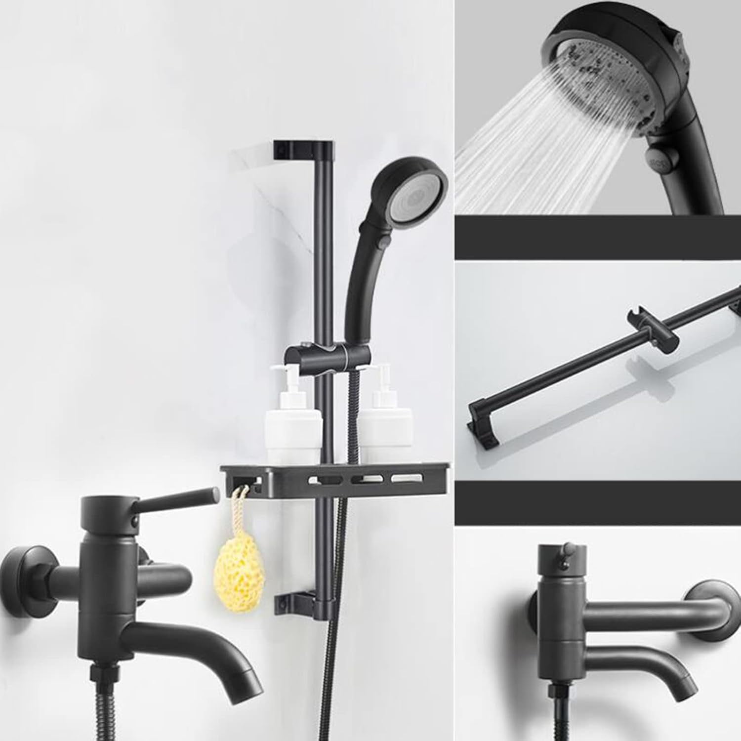 Bath Mixer Tap with Shower Attachment Bathtub Faucet Wall Mounted Brass with Shelf Hot and Cold Water Shower Faucet in Bathroom-Black