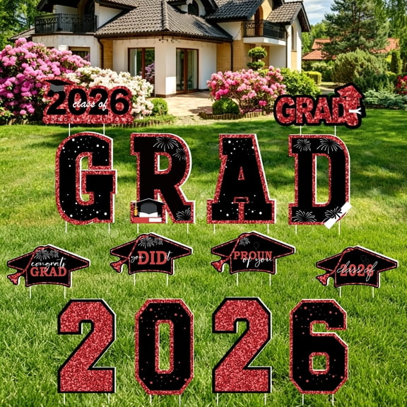 Waterproof 2026 Grad Yard Signs Plastic Graduation Yard Signs Party Outdoor Lawn Decorations 16 Inches Glitter Congrats Grad Lawn Sign with Stakes for Outdoor Party Garden Decor (Red)
