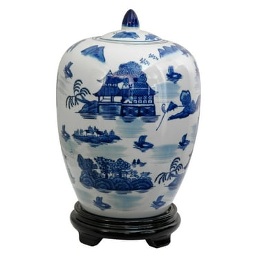 Oriental Furniture 11" Landscape Blue & White Porcelain Vase Jar