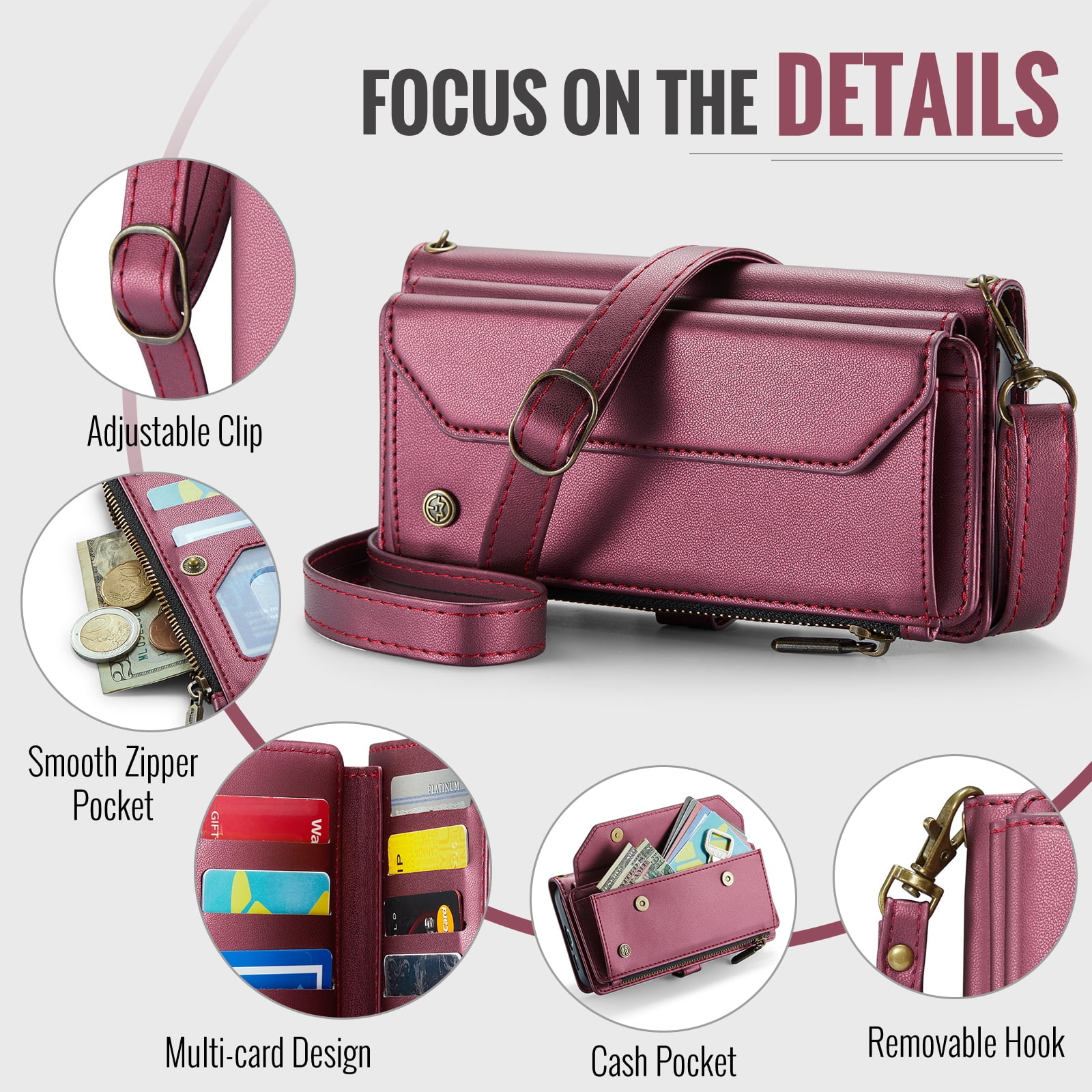 for Samsung Galaxy S23 Plus Full Body Protection Wallet Folio Flip Case, Shoulder Strap & Wristlet Card Slots Zipper Pocket RFID Blocking Rugged Durable PU Leather Phone Case Cover, Winered