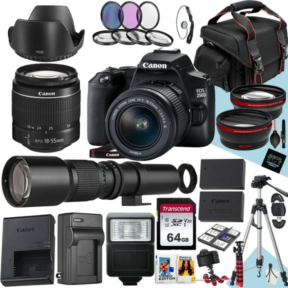 Canon EOS 250D / Rebel SL3 DSLR Camera With EF-S 18-55mm f/3.5-5.6 III DC And 500mm f/8.0 Preset Telephoto Lens   64 GB Memory   Filters   Tripod   More (36pc Bundle)