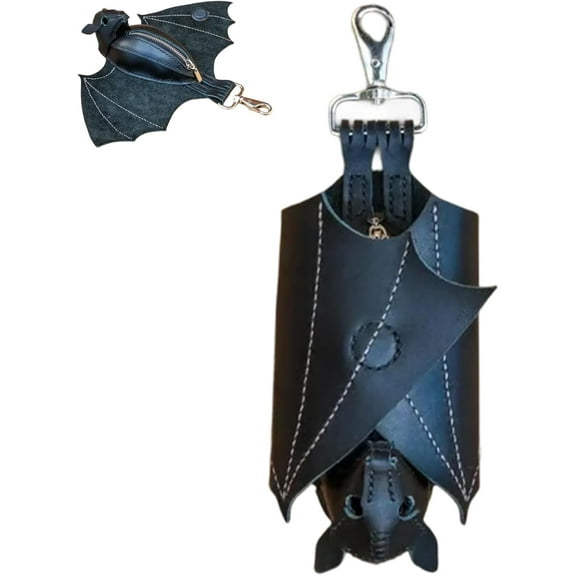 Leather Bat Coin Purse - Expandable 14 Inch Wingspan Suede Stitch Zippered Wallet with Metal Clip for Belt Bag Keychain