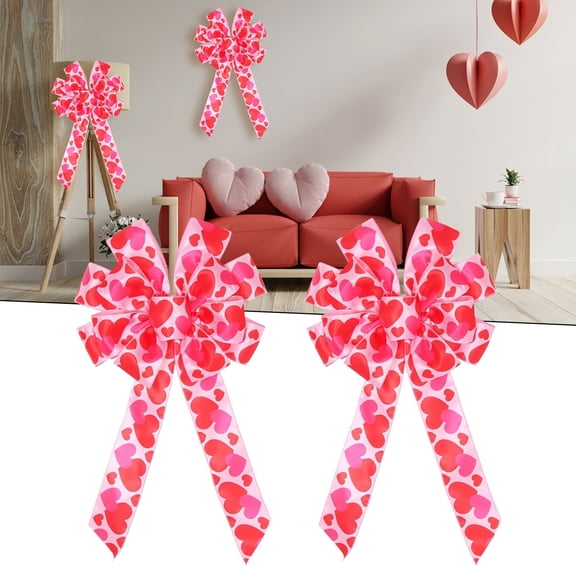 2Pcs Valentine's Day Bows Valentine's Day Wreath Bow with Heart Printed, Tree Topper for Wedding Holiday Mother's Day Front Door Decor