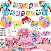 My Little Pony Party Supplies, 122Pcs My Little Pony Birthday Party Supplies And Decorations Set- Balloons Stickers Masks Cake Toppers Banner Tablecloth Plates Cups Napkins