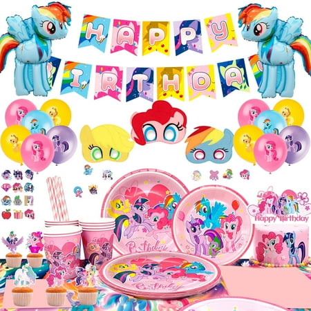 My Little Pony Party Supplies, 122Pcs My Little Pony Birthday Party Supplies And Decorations Set- Balloons Stickers Masks Cake Toppers Banner Tablecloth Plates Cups Napkins