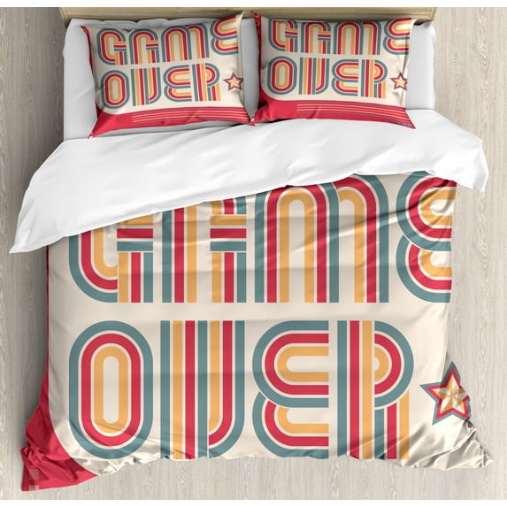Glitch Duvet Cover Set King Size, Game over Screen Vintage Lines 80's Look Stars Print, Decorative 3 Piece Bedding Set with 2 Pillow Shams, Champagne Dark Cadet Blue and Pale Orange, by Ambesonne