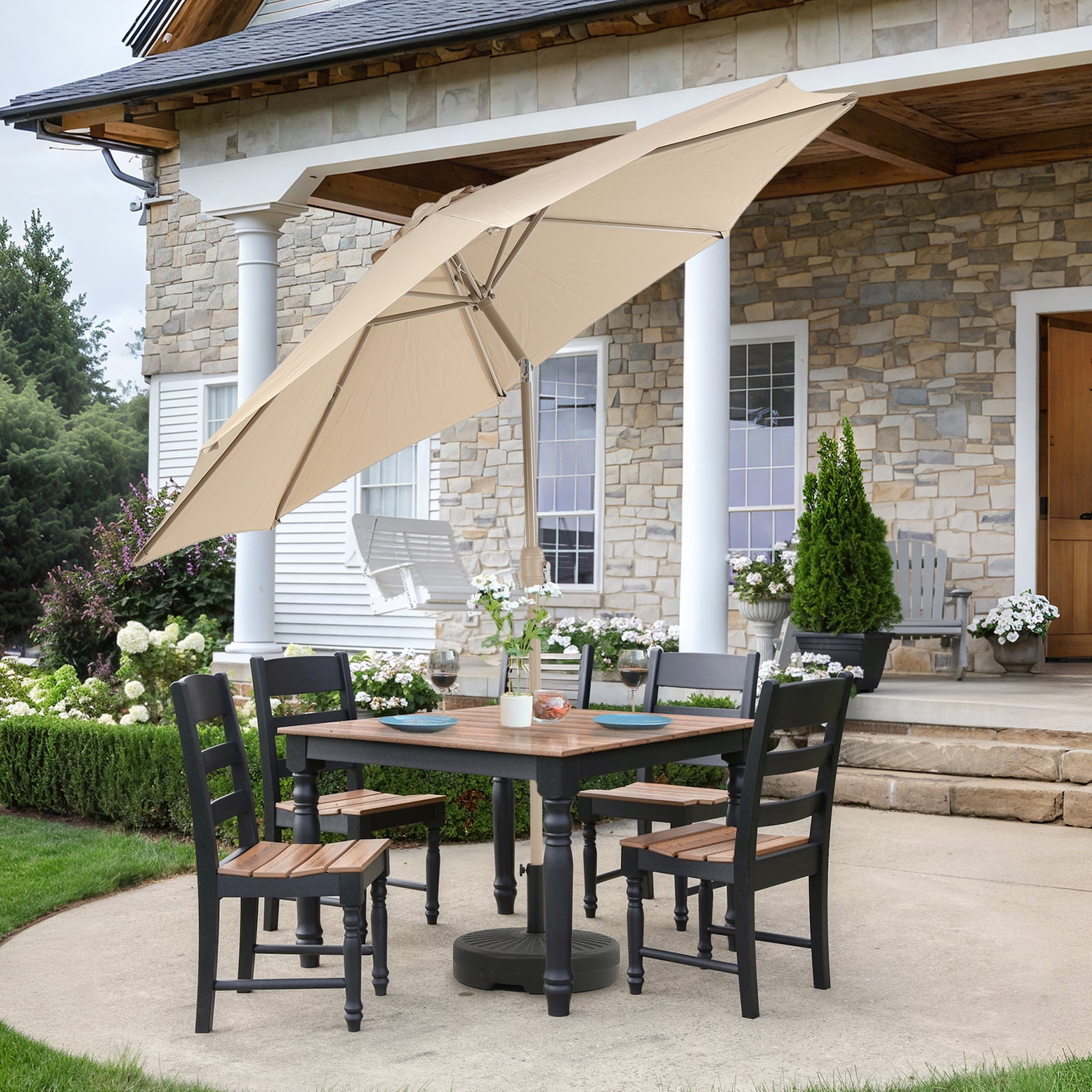 Aoodor 9FT Outdoor Patio Umbrella, Market Table Umbrella with 8 Steel Ribs and Push Button Tilt Crank, Khaki
