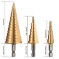 thumbnail image 2 of ZHAOCHENG Broca escalonada de 3 piezas, broca escalonada HSS con punzón central automático, broca escalonada cónica triangular, broca cónica revestida, 4 mm-12/20/32 mm, 2 of 5
