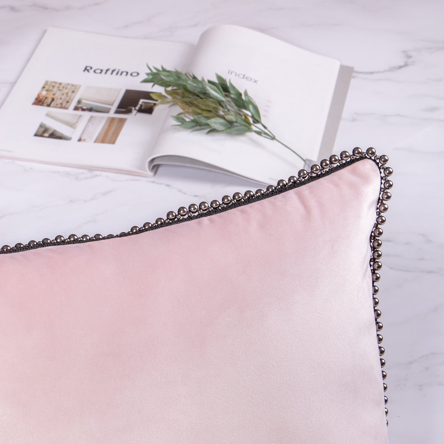 Phantoscope Particles Trimmed Soft Velvet Throw Pillow, 18" x 18", Light Pink with Silver Particles, 1 Pack