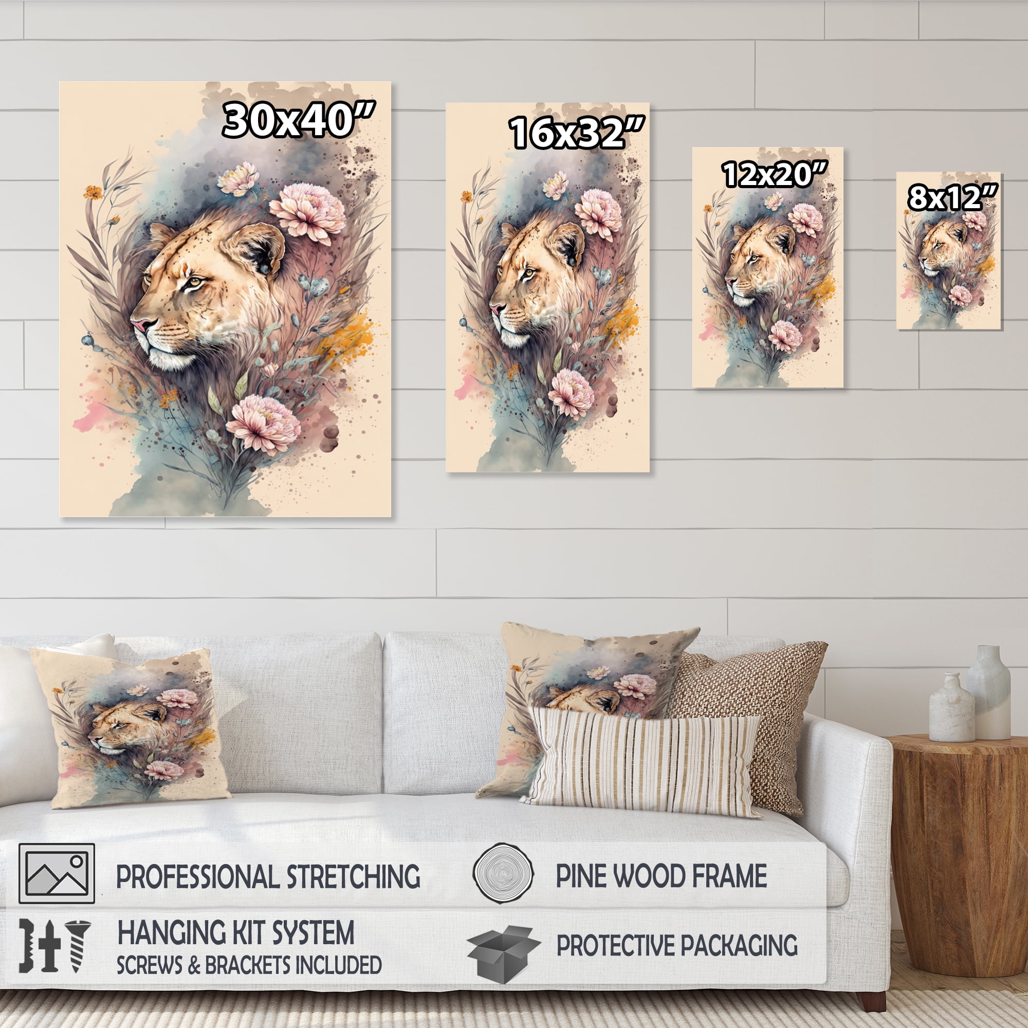 Designart Cute Lions Floral Art 3 Canvas Wall Art