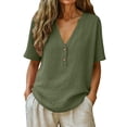 thumbnail image 3 of Women's Relaxed Fit V Neck Short Sleeve Solid Pullover Top Comfy Breathable Soft Casual Daily Wear Weekend Outfits | CSEONE,Army Green L, 3 of 7