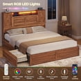 thumbnail image 7 of Farmhouse Queen Bed Frame with Headboard Storage, LED Lights & Charging Station, Wooden Platform Bed with 4 Drawers, No Box Spring Needed, Brown, 7 of 7