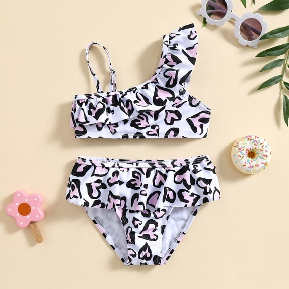 Swimsuit for Girls 2 Piece Swimwear Heart Print Swim Ruffle Beach Pool Bikini Top and Bottoms Bathing Suit White Size 18-24 M