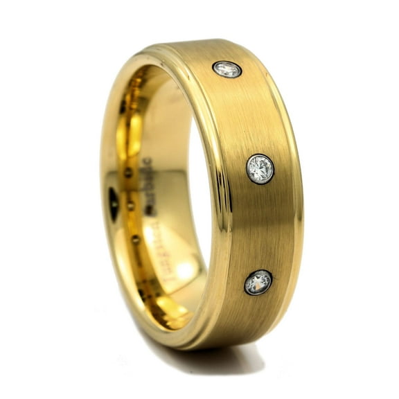 Metals Jewelry Men's / Women's Gold Plated 3 CZ 8mm Band Brushed Center Polished Edges Tungsten Carbide Ring Size 12