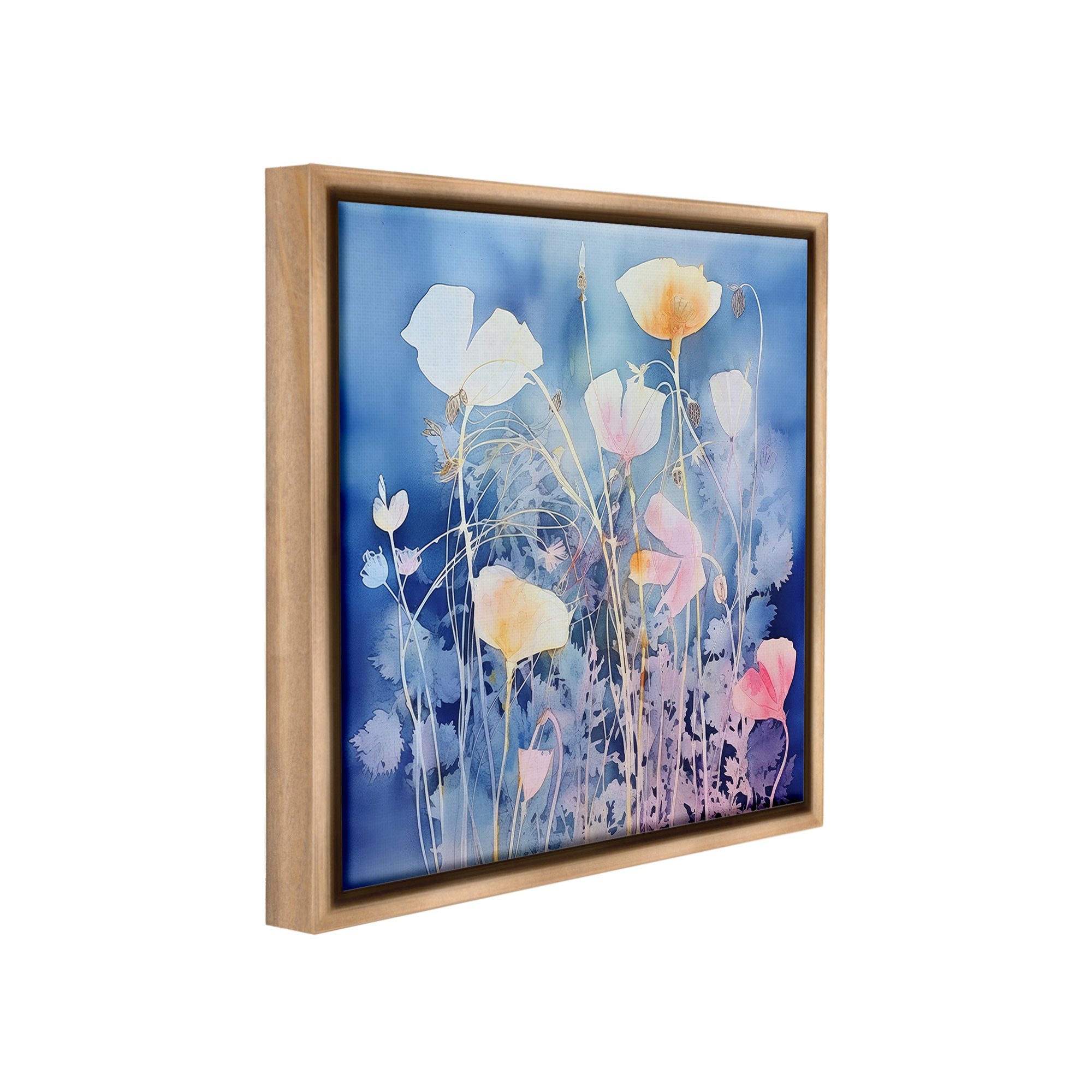 Stupell Industries Tranquil Blue Florals Botanical & Floral Painting Brown Floater Framed Canvas Art Print Wall Art, 25 x 25