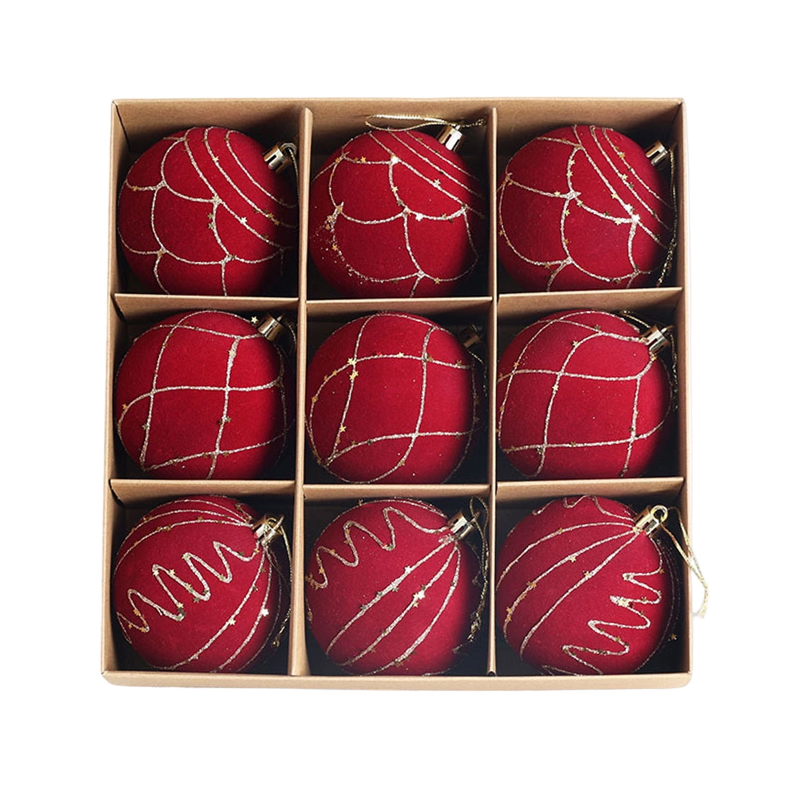 Christmas Ball Ornaments 9 Pack Flocked Velvet Red Gold Glitter 3.1 Inch Shatterproof Christmas Tree Decor Gift Box