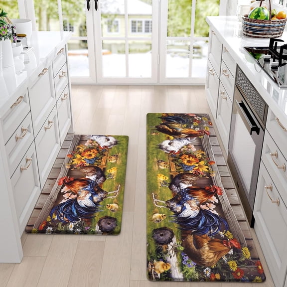 Farmhouse Kitchen Rugs Set of 2 Anti Fatigue, Non-Skid Waterproof Farm Rooster Kitchen Mats for Floor, Vintage Kitchen Runner Rug Floor Comfort Mat for Kitchen Home,18'''' x 48'''' 18'''' x 30''''