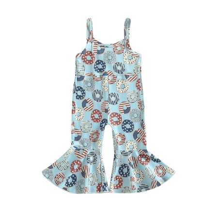 

Kids Girl Suspender Jumpsuit Independence Day Floral/ Donut Print Sleeveless Rompers Flared Pants for Toddler（6-24Months，2-4Years）