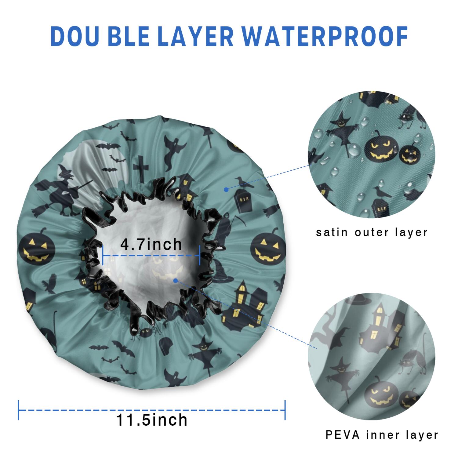 Shower Caps,Halloween Witchy Motifs Pattern Waterproof Shower Cap for Women 4 Pieces,Double Reusable Hair Cover for Shower PEVA Elastic Stretch Hem