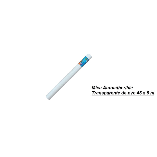 mica autoadherible transparente de 45 cm x 5m pvc transparente 25 % +grueso marca mae rollo cilíndrico con etiqueta azul en un extremo, vista frontal inclinada sobre fondo blanco; superficie transparente de PVC autocorregible y 25% más gruesa, suele usarse para forrar libros, carpetas y papelería escolar o de oficina.