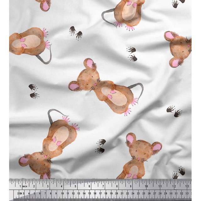 Soimoi White Heavy Canvas Fabric Footprints & Mouse Kids Printed Fabric 1 Yard 58 Inch Wide