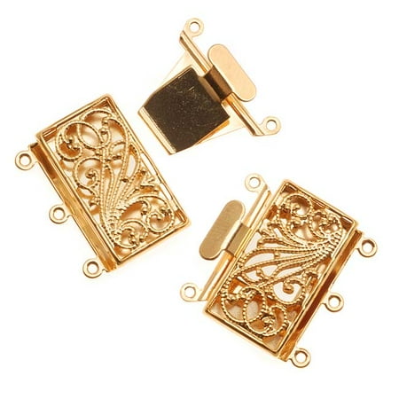 Three Strand Clasp - Filigree Box Clasp, 3 Strand Rectangle 23mm, 2 Clasps, Gold Tone