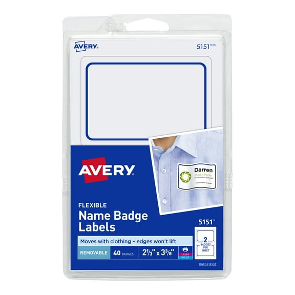 Flexible Adhesive Name Badge Labels, 3.38 X 2.33, White/blue Border, 40/pack | Bundle of 5 Packs