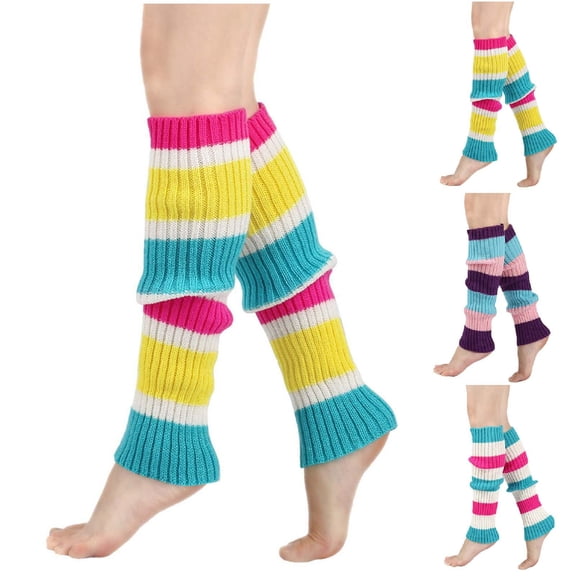 ZQUUVOU Rainbow Striped Leg Warmers for Women Girls Ribbed Knit Cuff Loose Colorful Long Warmers for 80s 90s Dance Party Hot Pink