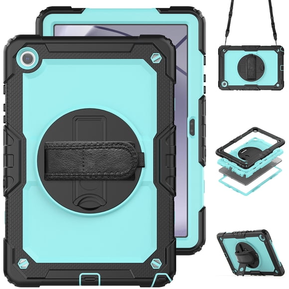 Étui pour Samsung Galaxy Tab A11 Plus 2025/A9 Plus 2023 11 Pouces avec Protecteur d'Écran, Sangle de Main à Béquille Rotative à 360 Degrés, Étui Antichoc avec Sangle d'Épaule, PC Bleu Ciel
