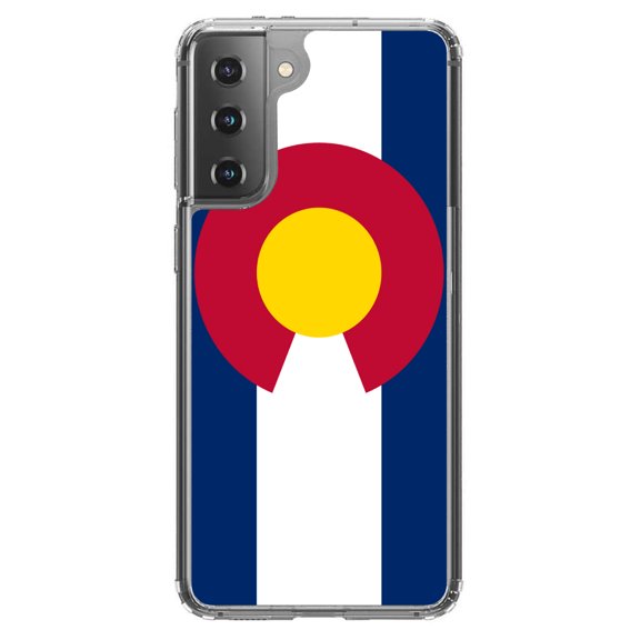 DistinctInk Clear Shockproof Hybrid Case for Galaxy S21 5G (6.2" Screen) - TPU Bumper, Acrylic Back, Tempered Glass Screen Protector - Colorado State Flag - US State Flag
