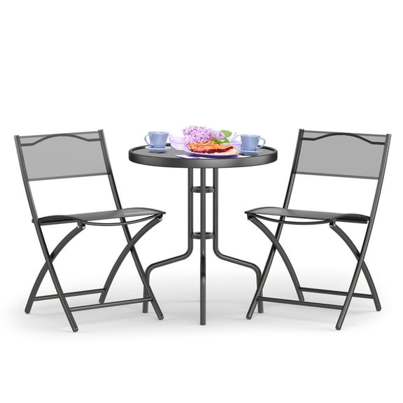 Giantex 3 Pcs Bistro Set Garden Backyard Round Table Folding Chairs, with Rust-Proof Steel Frames & Reinforced Glass Design Outdoor Patio Furniture, Black