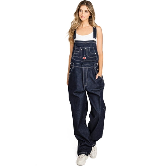 Revolt Plus Size Women's Juniors Baggy Straight Leg Denim Overalls (16, Dark Denim)