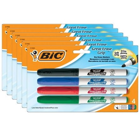 BIC Great Erase Low Odor Dry Erase Markers Fine Point Assorted Colors 4 Per Pack 6 Packs
